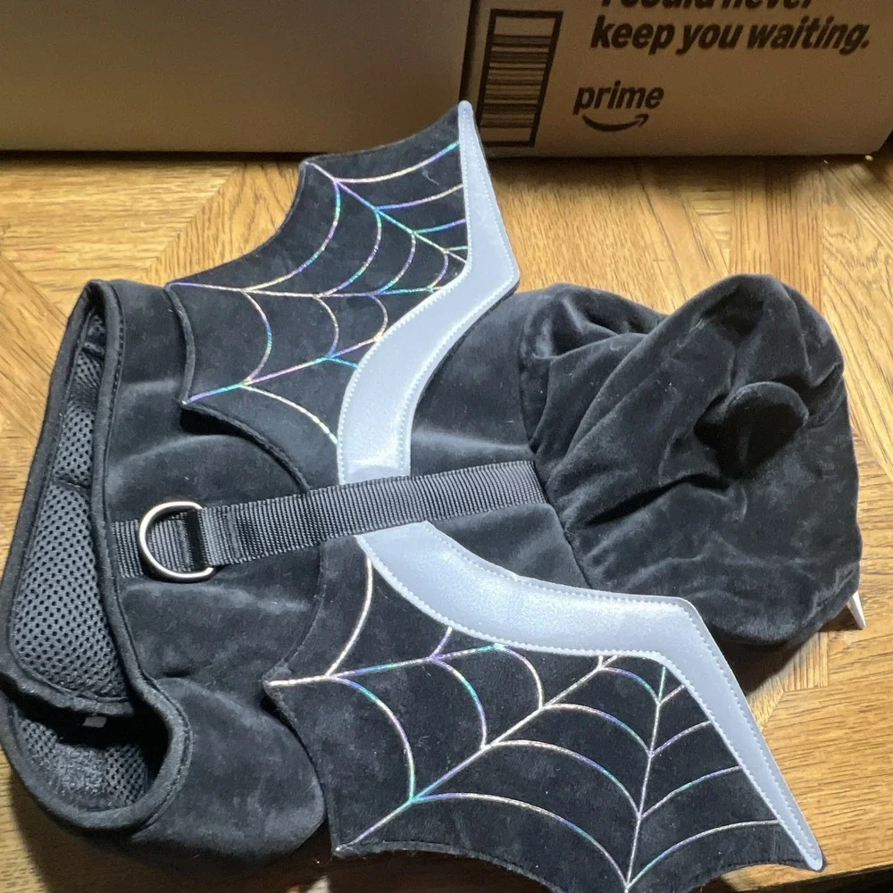 Black Bat Wing Soft Mesh Vest Dog Harness w/ Hood Spiderweb, Adjustable